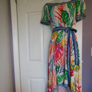 FLYING TOMATO TROPICAL HIGH/LOW OFF SHOULDER DRESS. MED.
